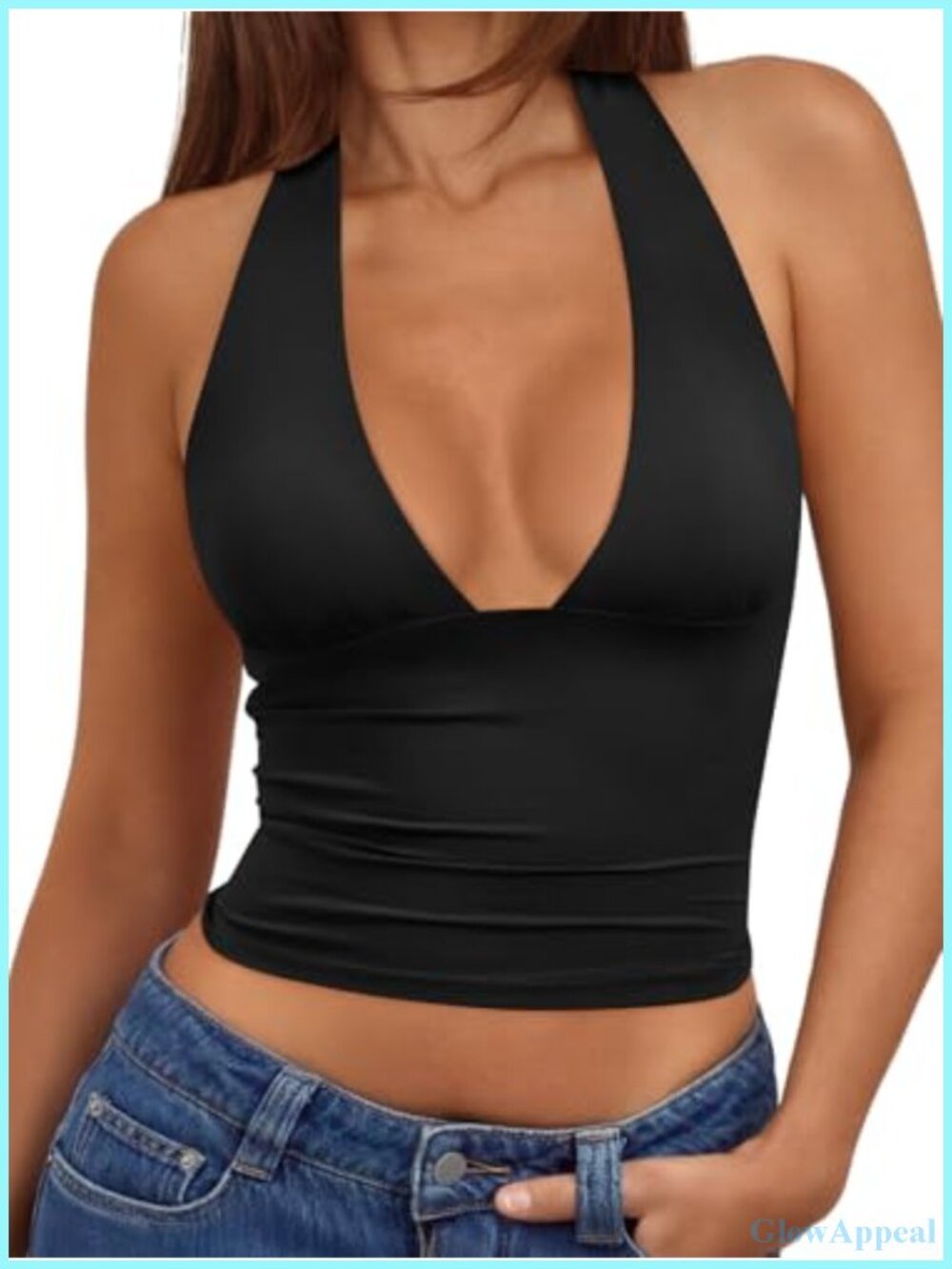 Double Lined Halter Top Open Back Deep V Neck Crop Summer Party Top